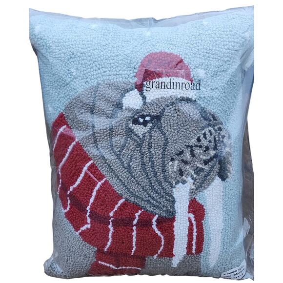 NEW Grandin Road Hooked Wool Walrus Wool Pillow 14x18 —Whimsical Christmas Decor - Picture 2 of 7